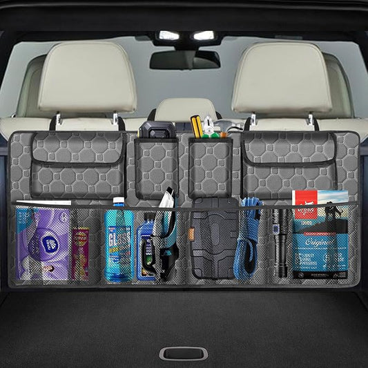 esouler Car Trunk Organizer, Super Capacity Backseat Car Organizer for SUV/Truck/MPV(42"*18"), Hanging Car Storage Organizer with 8 Pocekts, Car Accessories for Women and Men- Grey