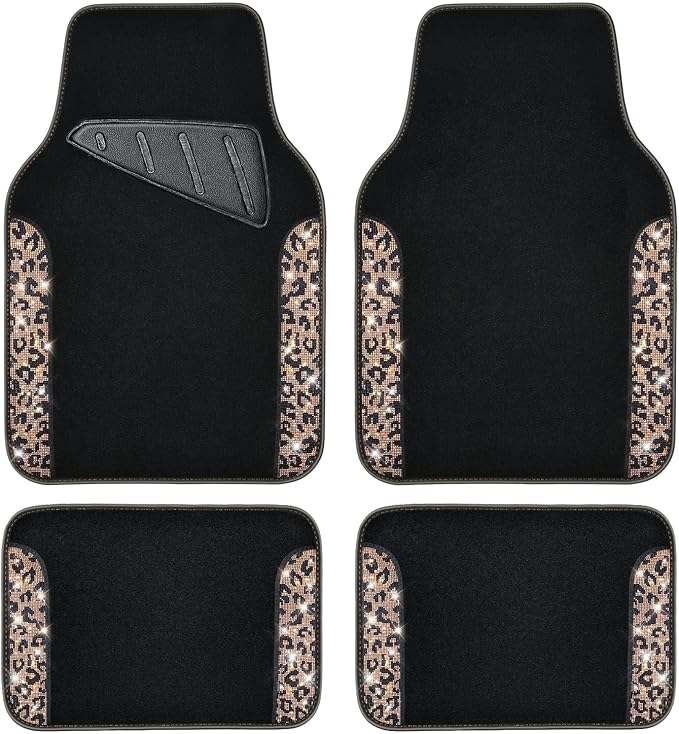 CAR PASS Bling Diamond Car Floor Mats, Shining Rhinestone Carpet Sparkly Glitter Crystal with Anti-Slip PVC Heel Pad Waterproof Universal Fit Automotive SUV,Sedan,Van,Cute Girl Women,4pcs Gold Leopard