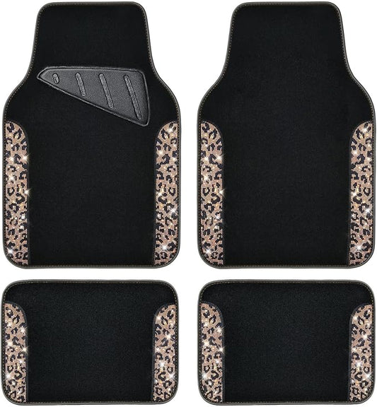 CAR PASS Bling Diamond Car Floor Mats, Shining Rhinestone Carpet Sparkly Glitter Crystal with Anti-Slip PVC Heel Pad Waterproof Universal Fit Automotive SUV,Sedan,Van,Cute Girl Women,4pcs Gold Leopard