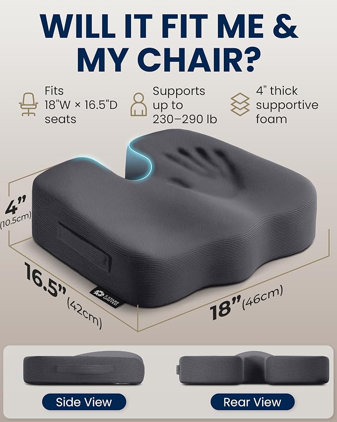5 STARS UNITED Seat Cushion - Memory Foam Chair Cushion for Tailbone Pain Relief - Ergonomic Support for Coccyx, Sciatica & Butt - Office, Desk & Gaming Chair, Car Seat, Wheelchair, Airplane, D Gray