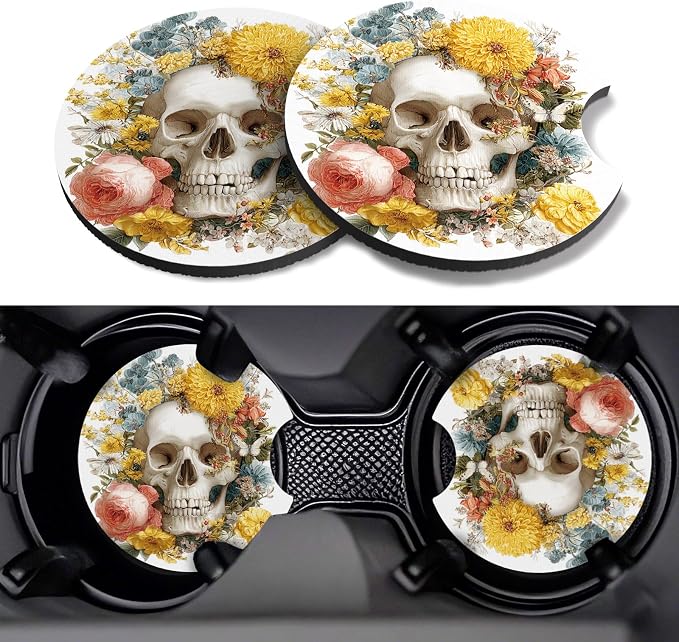 Car Cup Coasters,2 Pack Car Coaster,2.75inch Anti Slip and Absorbent Cars Coasters for Cup Holders,Car Accessories for Women,Cute Decor for Women (Floral Skull)