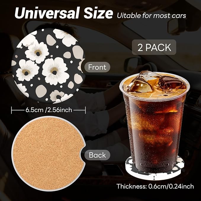 2 Pack Ceramic Car Coasters for Cup Holder, 2.56 in Anti Slip Absorbent Coaster with Cork Base and Finger Notch, Funny Cute Car Accessories for Women, Daisy