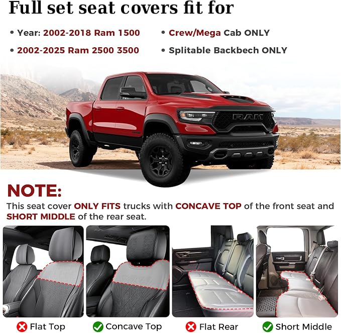 Truckiipa Seat Covers for Truck Full Set, Dodge Ram Seat Covers Full Coverage Leather Protector Pickup Truck Accessories, Custom Fit for 2002-2018 Ram 1500,2002-2026 Ram 2500 3500 Crew Mega Cab, Red