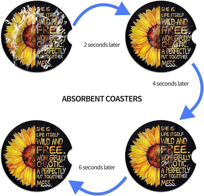 Car Coasters for Women 2 Pack, Ceramic Absorbent Cup Holders for Mother's Day, Keep The Car Clean and Dry, Auto Small 2.56" Coasters Set for Mum (Half Sunflower)