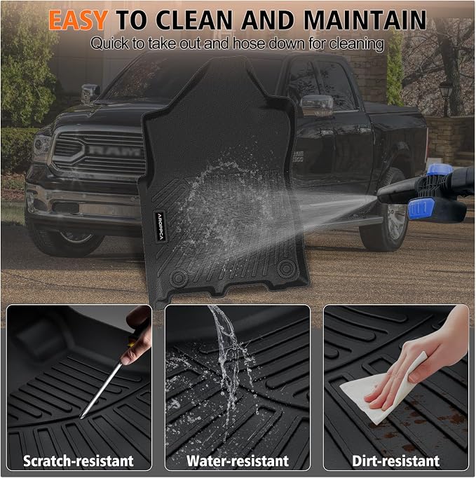 All Weather Floor Mats for 2013-2018 Dodge Ram 1500/2500/3500 Crew-Cab, 2019-2024 for Ram 1500 Classic Crew Cab, TPE Floor Liners Anti-Slip Full Set Mats for Dodge 1500/2500/3500 Accessories