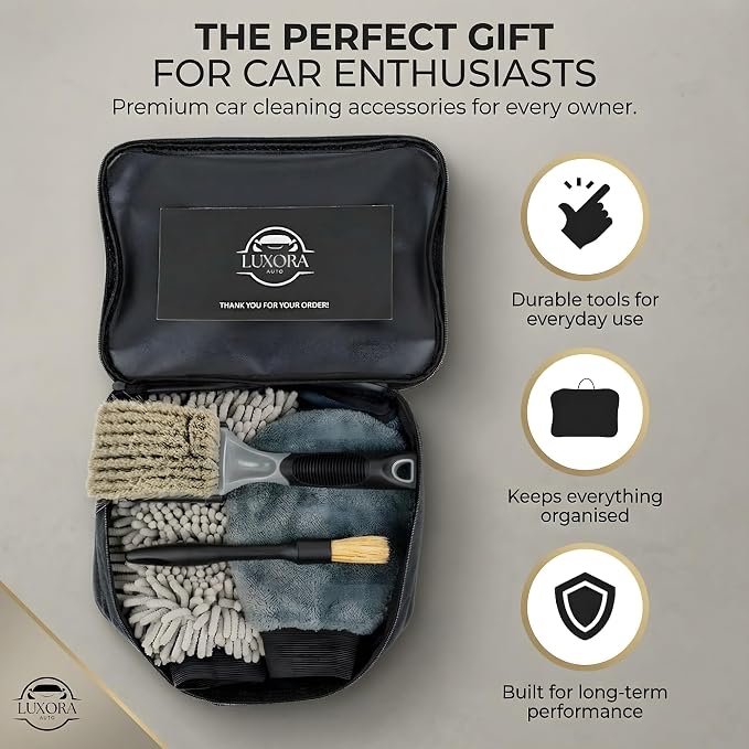 Car Cleaning Kit for Men | Premium Car Wheel Cleaning Brush, 300GSM Microfibre Waffle Weave Towels, 800GSM Coral Fleece Car Drying Towel
