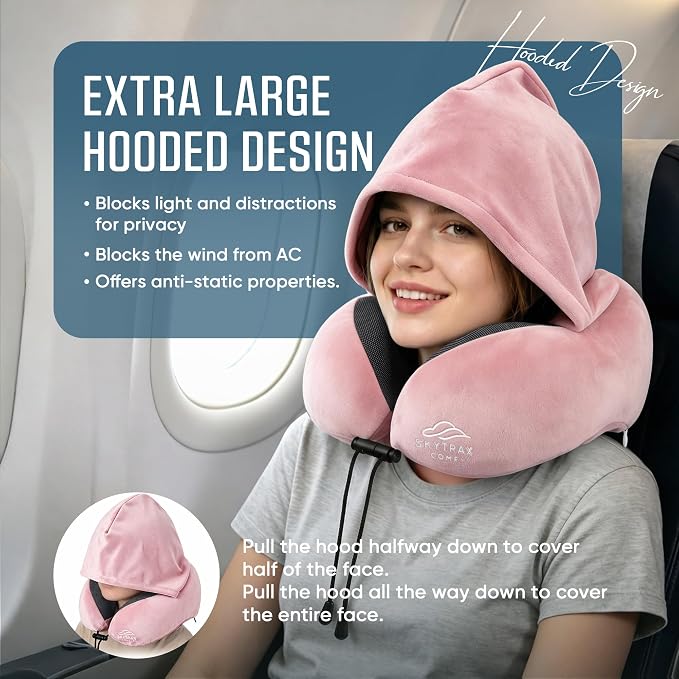 SkytraxComf® Travel Neck Pillow with Hood for Privacy on Long Flights | Memory Foam | Airplane Sleep | Safety-Tested Materials | Extra Large Hood | Chin Support | Earplugs | Washable Cover