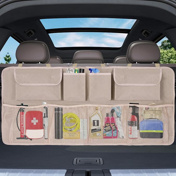 Car Trunk Organizer and Storage, Large Capacity Backseat Hanging Storage Accessories, Backseat Car Organizer for SUV/MPV/Truck (Khaki)