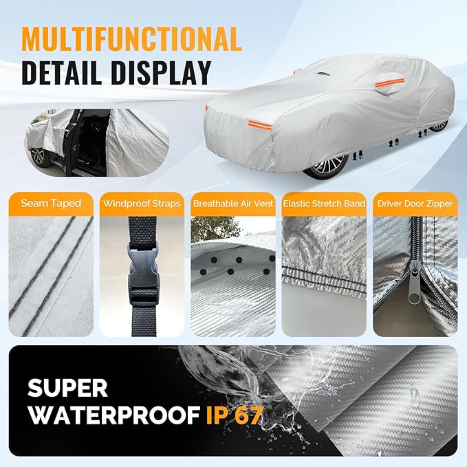 30 Layers Car Cover for Automobiles All Weather Waterproof, Outdoor Snowproof UV Protection Windproof, Door Zipper, Soft Cotton, Heavy Duty Universal Car Covers, (Silver, Fit Sedans 191"-200")