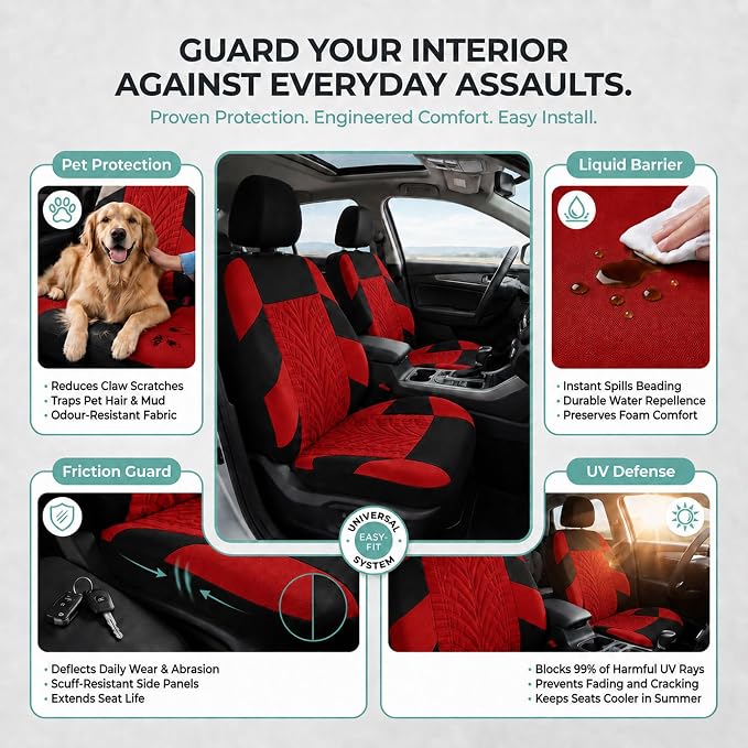 FH Group Car Seat Covers Full Set Premium Cloth - Universal Fit,Automotive Seat Cover,Low Back Front Seat Covers,Airbag Compatible,Split Bench Rear Seat,Washable Seat Cover for SUV,Sedan Red