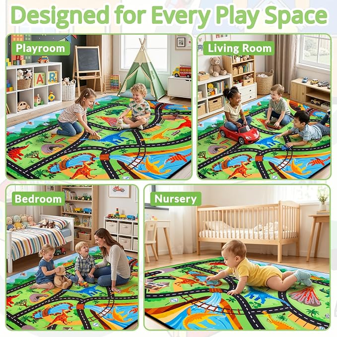 Kids Dinosaur Rug, 3x5 Ft Car Rug Play Mat for Kids | Extra Thick 0.4 in Soft Non-Slip Car Carpet Play Dino Rug with Realistic Roads for Toy Cars,Bedroom, Playroom & Nursery
