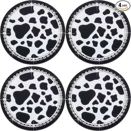4PCS Bling Silicone Cup Holder Coaster – 2.75 Inch Universal Fit, Anti-Slip & Shockproof, Cute Car Accessories for Girls (Cow Print)