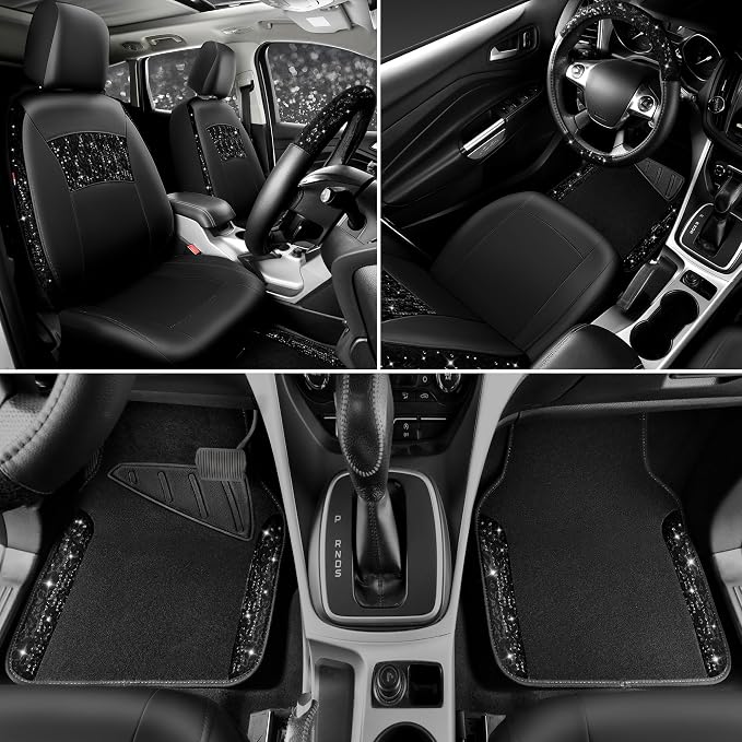 CAR PASS Universal Black Leather Lace Car Seat Covers Full Set for Women Girls,Waterproof Car Floor Mats Carpet,Glitter Steering Wheel Cover for Cars Accessories Interior Sets (Black)