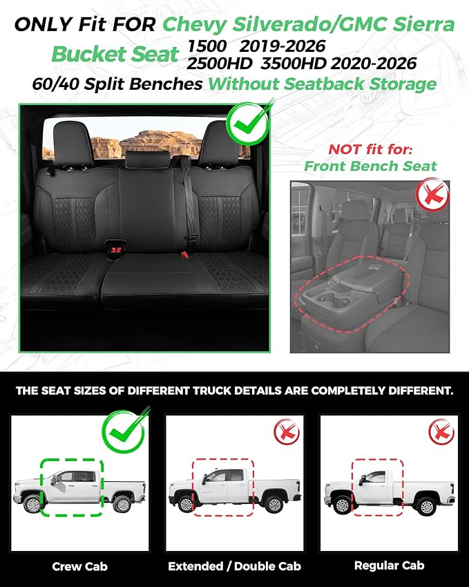 Custom Leather Seat Covers for 2019-2026 Sierra/Silverado 1500 | Only Crew Cab, Fits 2500/3500HD 2020-2026, no Rear Armrest/Seatback Storage, Waterproof, Scratch-resistant, Easy-clean