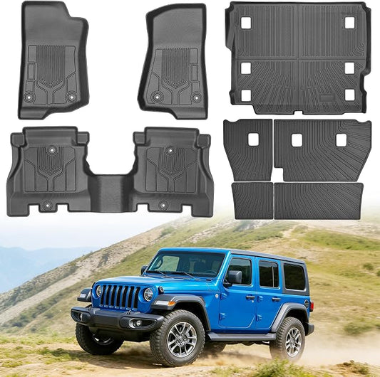 Floor Mats for Jeep Wrangler JL 4-Door 2018-2025 | (Only for Models Without Subwoofer), Heavy Duty TPE Waterproof Non-Slip Black (Floor Mats & Cargo Liner & Seatback Mat)
