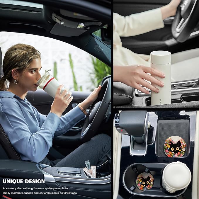 2 Pack Car Coasters for Cup Holders, Absorbent Ceramic Cup Coaster with Cork Base and Finger Notch, Cute Car Accessories Interior for Women Men