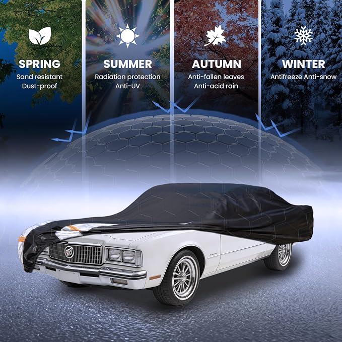 Multi-Layer Car Cover Custom Fit for Buick Riviera (1966-2000), 100% Waterproof All Weather for Automobiles, Gift with Towel, Heavy Duty Car Covers for Rain Sun UV Protection with Door Zipper.