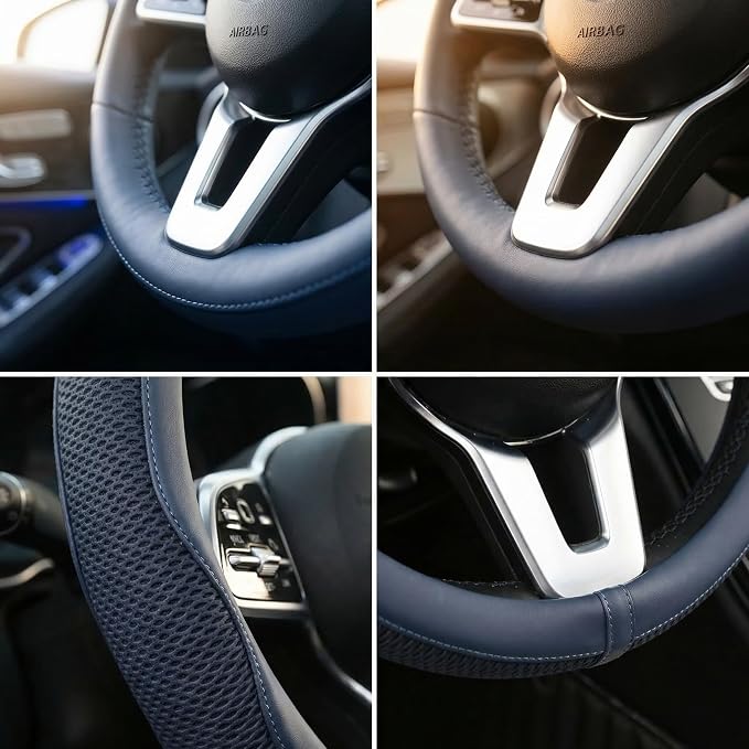 Car Steering Wheel Cover, Blue, Universal 15 inch | Microfiber Leather, Breathable Technology Fabric, Non-Slip, Comfortable, Warm in Winter and Cool in Summer
