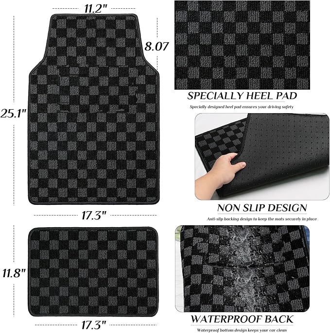Car Floor Mosaic Mat All Weather Carpet Vehicle Floor Mats 4 Piece Premium Quality Carpeted Floor Liners Vinyl Heel Pad for Protection - Driver Seat, Passenger Seat and Rear Interior (Black Gray)