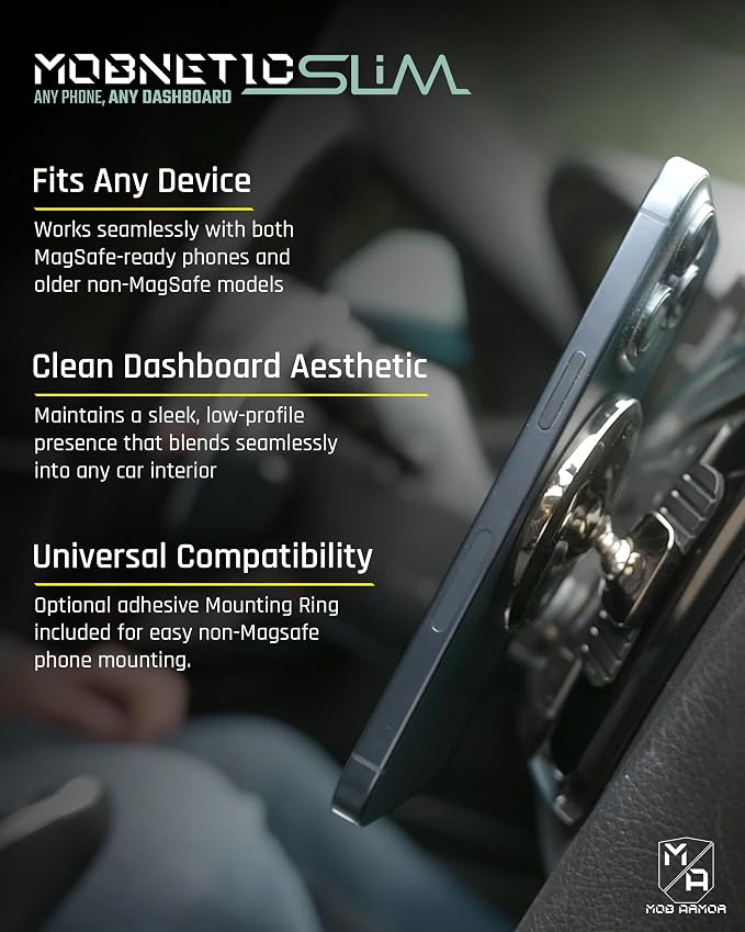 Mob Armor Slim Mount MS - Magsafe Car Mount, Magnetic Cell Phone Holder, MagSafe Car Accessories for Women & Men, Compatible with iPhones & Androids - Sleek, Industries Strongest Pull Force - Black