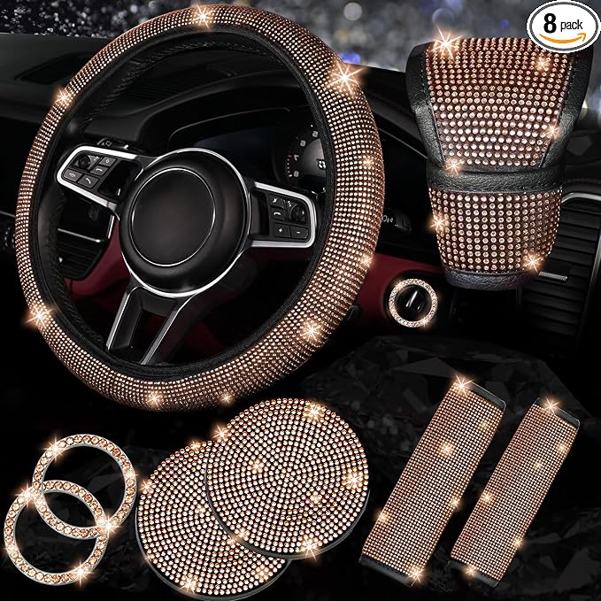 NBTEPEM 8 pcs Bling Car Accessories Set for Women, Steering Wheel Cover, Sparkly Seat Belt Covers, Bling Gear Shift Cover, Universal Fit Most Cars (Champagne Diamond)