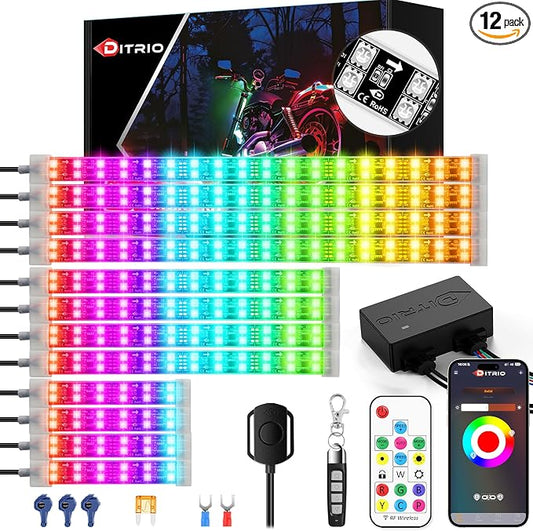 12PCS Double Row Motorcycle Led Lights with Brake Turn Signal,Underglow Light Kits with DITRIO APP/RF Remote Control, Dual Zone,Waterproof,12V Pixelglow RGB Lights for Motorcycles, Golf Carts, UTVs