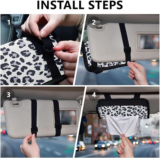Grey Leopard Print Car Tissue Holder Durable Napkin Holder Hanging Tissue Holders Case Car Tissues Bag for Sun Visor Seat Back Universal Auto