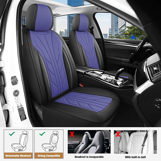 CAROMOP Breathable Cloth Fabric Car Seat Covers 2 Front Seats,Faux Leather 3D Foam Back Support Seat Cover for Car,Universal Seat Covers for Cars,Trucks,SUVs,Front Seat Armrests Compatible(Black/Blue)