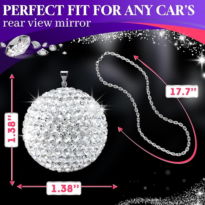 Bling Car Accessories - Elegant 1.37" Crystal Ball Rear View Mirror Charm with Hand-Set Sparkling Rhinestone and 17.7" Long Chain - Bling Rear View Mirror Accessories, Crystal Car Hanging Ornament