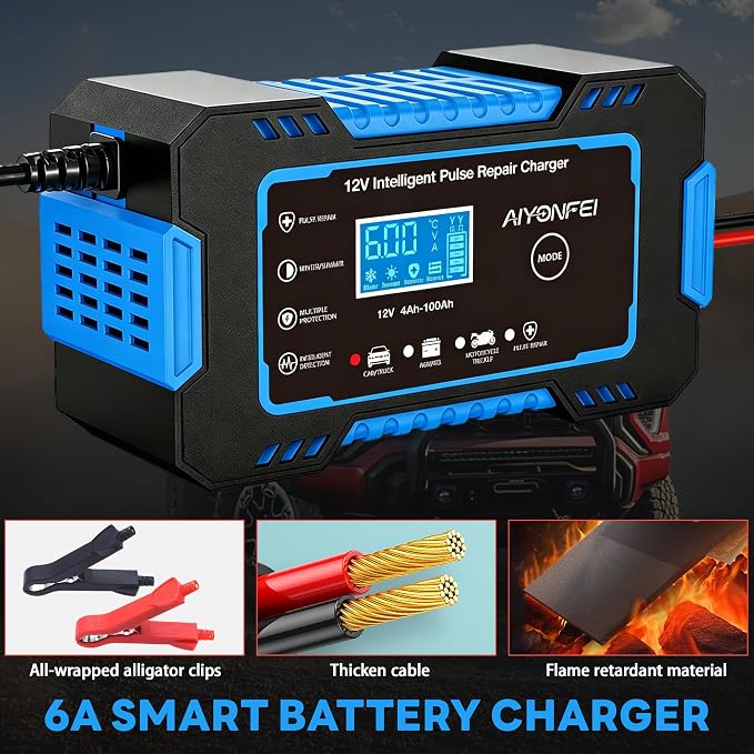 12V 6-Amp Battery Charger, Smart Trickle Charger & Maintainer Blue | Battery Desulfator, Winter & Summer Mode, Lead-acid Battery Chargers, for Car Truck Motorcycle Lawn Mower Boat