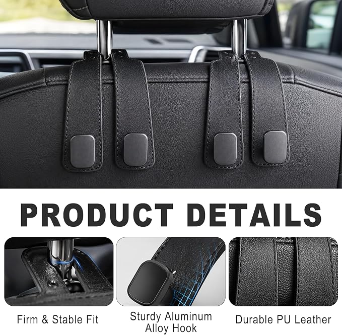 Headrest Hooks for Car 2 Pack, Upgraded Double Metal Hooks with Leather Cover, Car Seat Back Storage Organizer with Anti-Drop Design, for Purses, Handbags, Coats, Groceries (style1)