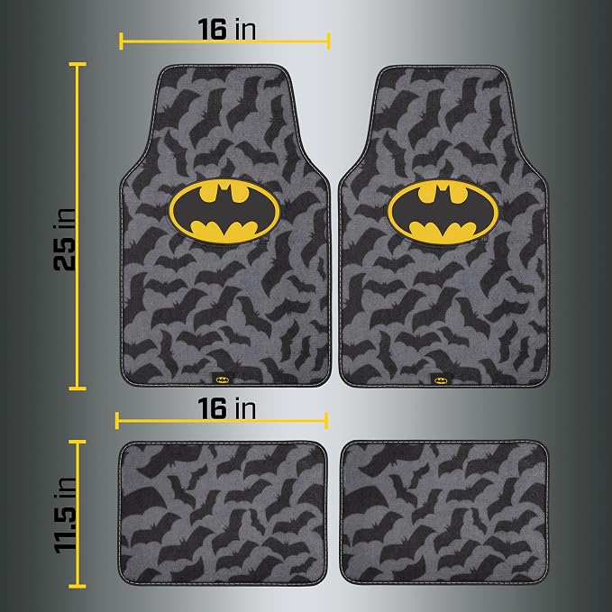 Batman Carpet Car Floor Mats, DC Comics Design, for Car, Truck, SUV - Comfortable, No Slip Nib Backing, Unique Full Print, Protects Car Floor