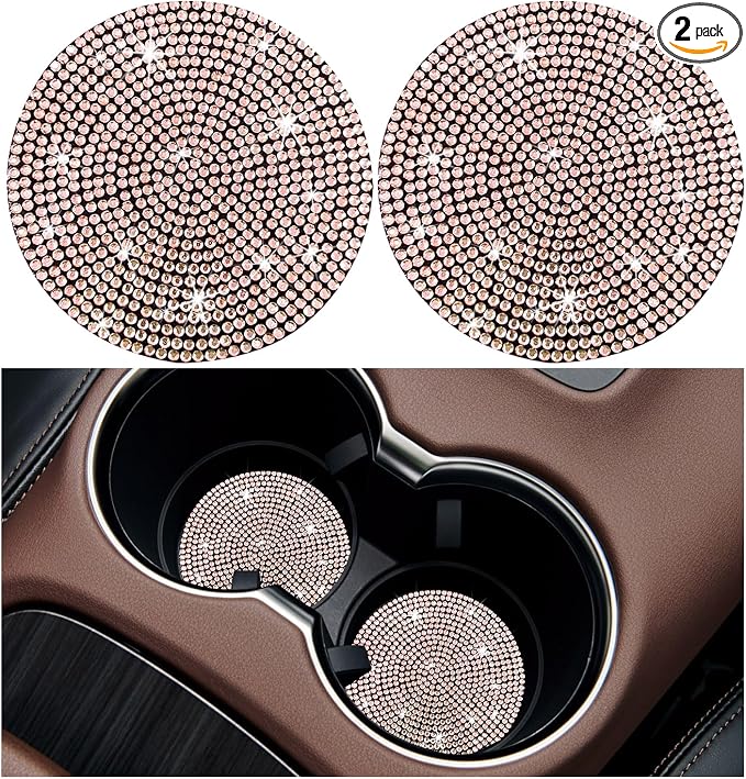 Ziciner 2PCS Bling Car Cup Holder Coaster, 2.73 Inch Anti-Slip Cup Insert Coasters, Crystal Rhinestone Auto Drink Cup Mat, Universal Interior Decor Car Accessories for Women Girls (Golden)