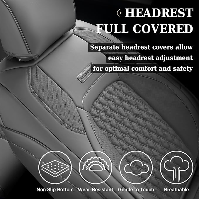 Coverado Chevy Chevrolet Silverado GMC Sierra Seat Covers Full Set, Fit for 2007-2013 & 2019-2026 1500, 2020-2026 2500HD 3500HD Crew Double Extended Cab, Faux Waterproof Leather Seat Covers (Gray)