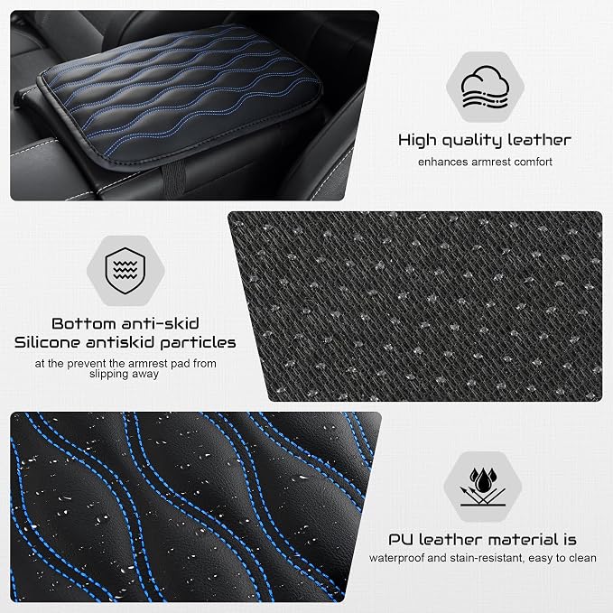 Amiss Car Center Console Cover, Upgraded Leather Car Armrest Cushion, Universal Waterproof Cushion Pad, Non-Slip Car Interior Accessories, Fits Most Sedans SUVs Trucks (Blue Line)