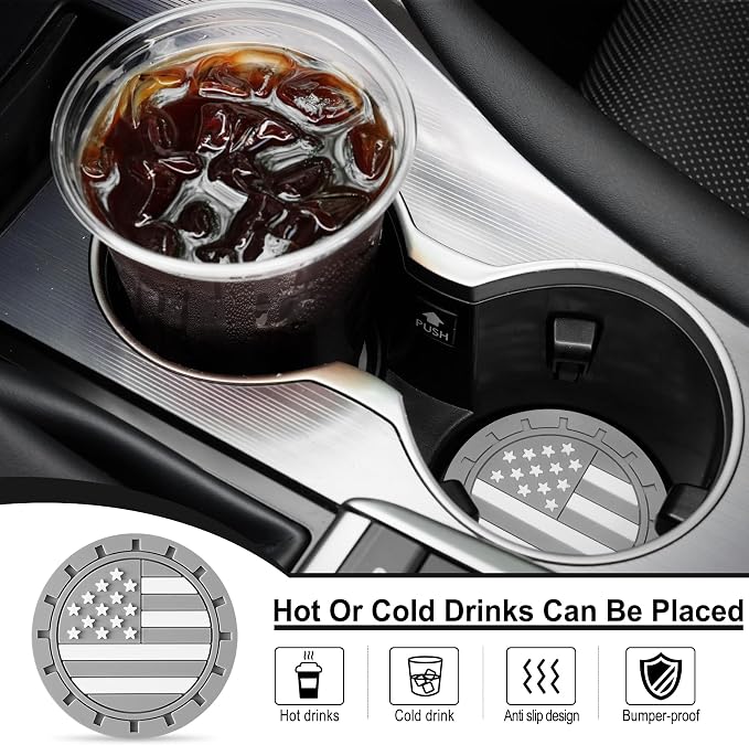 JUSTTOP Car Cup Holder Coaster,American Flag Non-Slip Insert Car Cup Coaster,Car Accessories Interior for Women and Man,4 Pack Gray