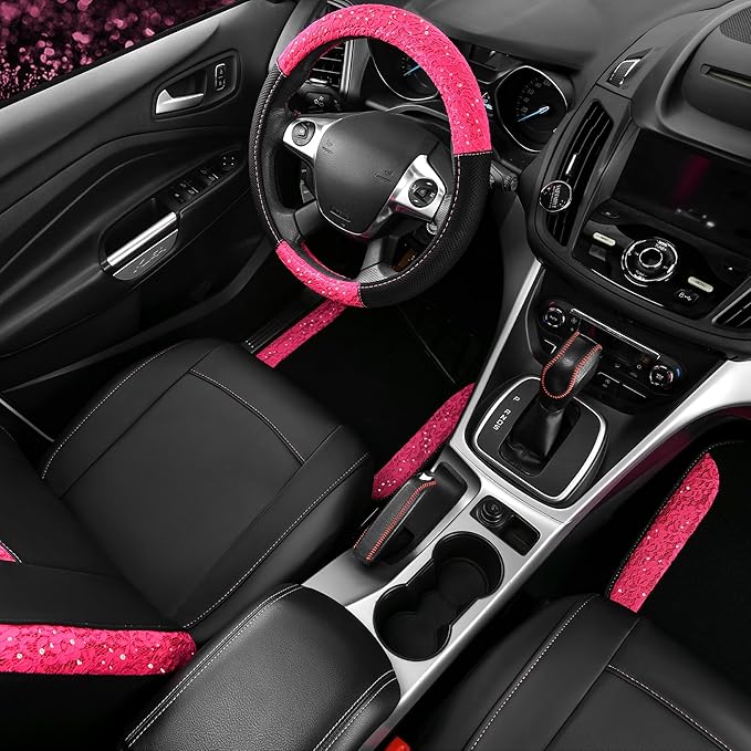 CAR PASS Universal Leather Pink Lace Car Seat Covers Full Set for Women Girls, Waterproof Car Floor Mats Carpet, Steering Wheel Cover for Cars Accessories Interior Sets 10PCS Included
