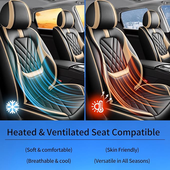 Fit Frontier Car Seat Covers Compatible with Nissan Frontier 2009-2025 2026-Premium Leather,Waterproof,Breathable,Airbag Compatible &All-Weather Seat Cushion Protecto(5 Seats Full Set,Beige)