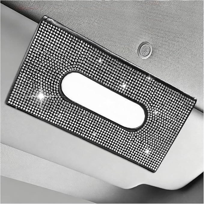 Bling Car Sun Visor Tissue Box Holder, Sparkling Auto Sun Visor Napkin Box Mask Holder, PU Leather Glitter Rhinestone Backseat Paper Towel Case for Cars Trucks SUVs (White)