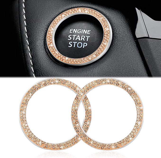 WINKA 2pcs Bling Car Engine Start Button Cover Diamond Crystal Push Start Stop Button Ring Sparkly Bling Ignition Button Cover Rhinestone Keyless Ignition Ring Universal Accessories for Car (Orange)
