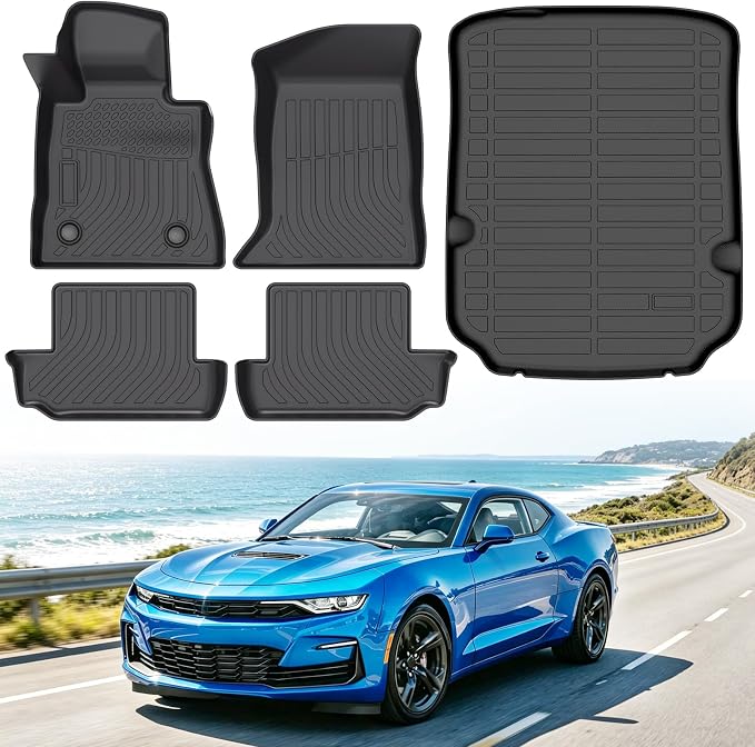 Floor Mats for Chevrolet Chevy Camaro 2016-2024 (Not for Convertible) | Heavy Duty TPE All Weather Protection, Waterproof Non-Slip Black Car Liners (Two-Row Floor Mats & Cargo Liner)