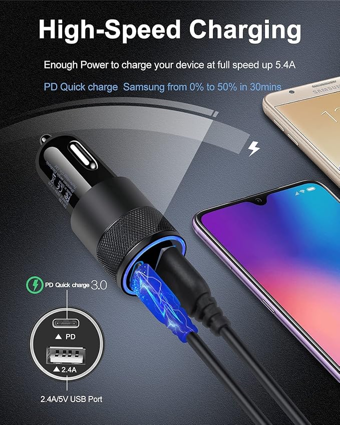 AILKIN 30W PD USB C Car Charger, USB Type C Fast Power Charging Block | Dual Port USB A & USBC Plug Cargador Carro Lighter Adapter for iPhone, iPad, Samsung Galaxy, Google Pixel, Moto, USB-C Port
