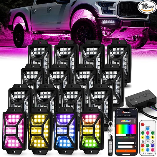 16 Pods Five Sided RGB Rock Lights for Trucks UTV SUV ATV Golf Cart, Multi Chasing Color App/2 Remote Control Led Rock Lights with Music Mode, Waterproof Exterior Underglow Kits for Cars(Patented)