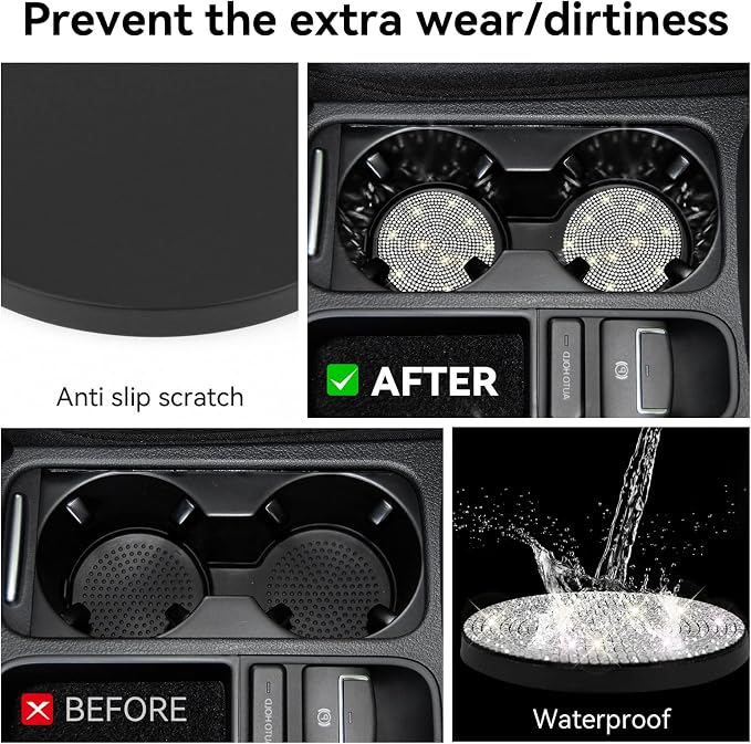 SINGARO Bling Cup Holder Coasters for Car, 2PCS Universal Non-Slip Cup Holder, Embedded Decorative Coasters, Shiny Crystal Car Interior Accessories Gifts for Women (White)