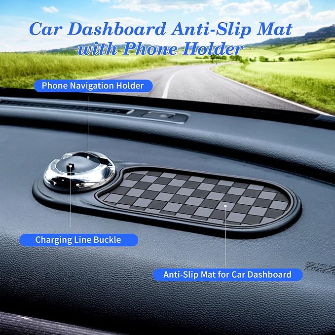 Universal Anti-Slip Car Dashboard Mat with 360° Rotating Phone Holder – Multi-Functional Organizer Pad for Phones, Sunglasses, Keys, and Daily Essentials (Gray Black)