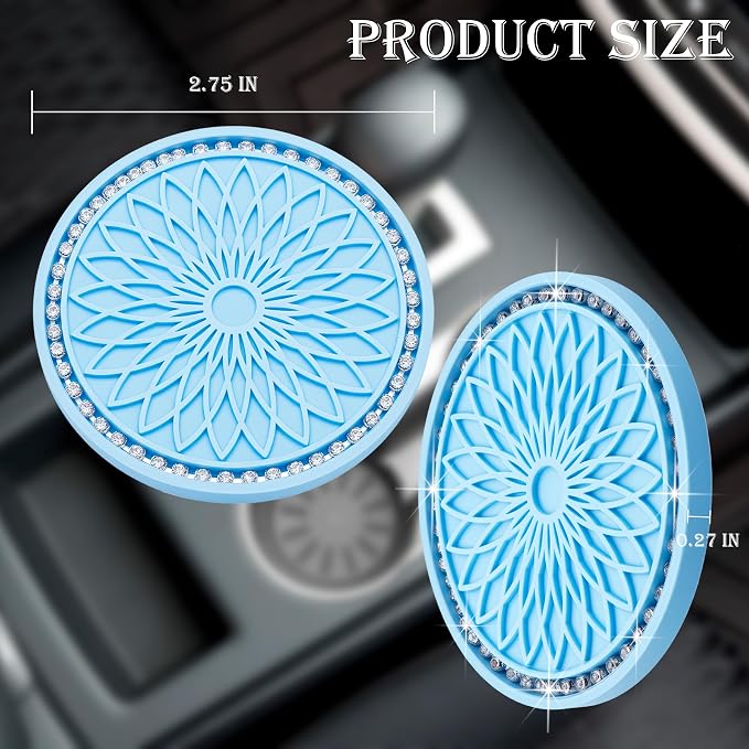 2PCS Bling Car Cup Holder Coasters, 2.75 Inch Silicone Anti-Slip Insert, Bling Shockproof Cup Mat for Women Girls, Universal Fit for Most Vehicles (Light Blue & White)