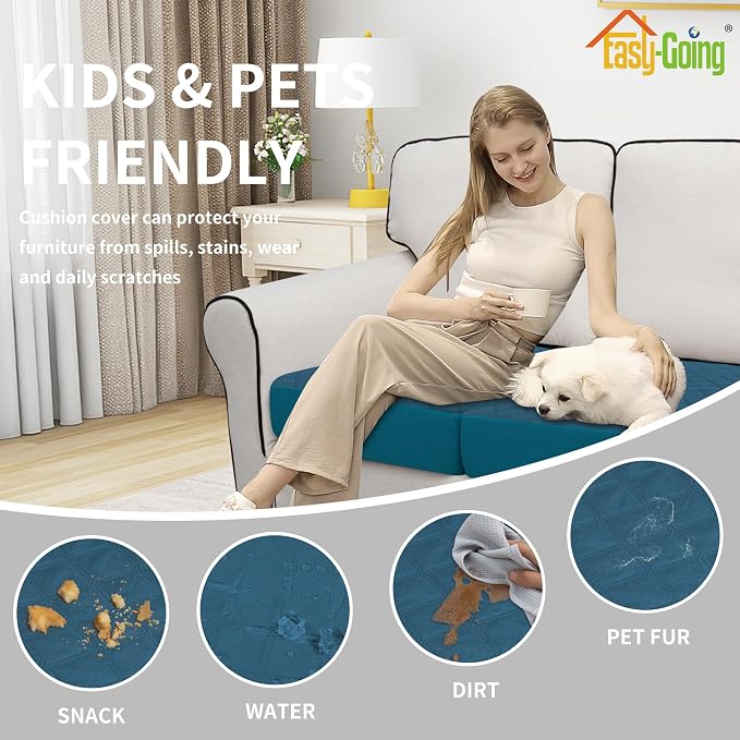 Easy-Going Waterproof Couch Cushion Covers, Non-Slip Leakproof Sofa Seat Cushion Slipcovers, Quilted and Stretch Furniture Protector for Dogs, Pets (3-Piece Sofa Cushion, Peacock Blue)