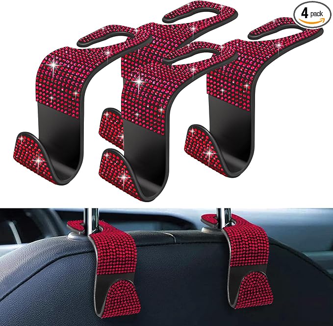 4 Pack Blink Diamond Car Seat Headrest Hooks Crystal Rhinestone Car Purse Holder Universal Interior Accessories for Handbags, Water Bottles, Coats, Umbrellas, Red