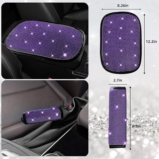 NBTEPEM 30 Pcs Purple Bling Car Accessories Set for Women, Purple Steering Wheel Cover Set, Bling Console Cover, Seat Belt Cushion, Shift Knob Cushion, Cup Coaster, Rhinestone Car Hanging Accessories