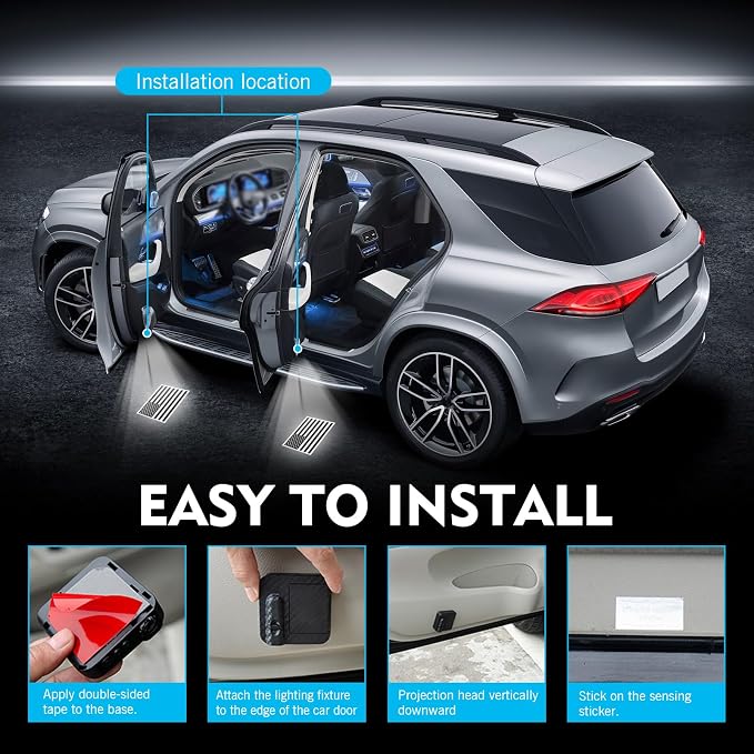 Car Door Lights Logo Projector, Vehicle Auto-sensing HD Projection Device, ABS Carbon Fiber Texture LED Courtesy Lights Decoration, Universal for Most Vehicles (Black)